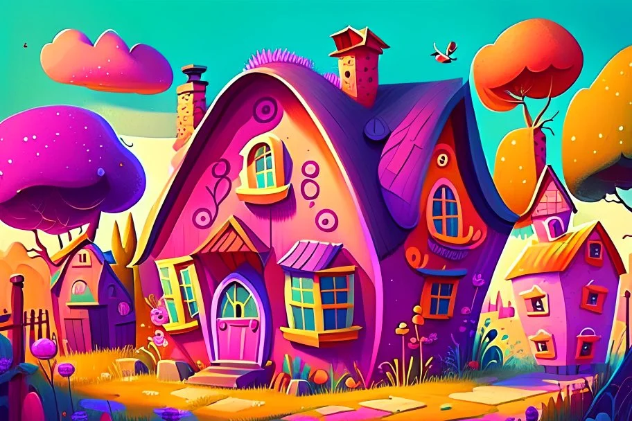 Village illustration, realistic, detailed, illustrative, childrenbook style, village of a pink, purple, red, orange, yellow, green and blue house