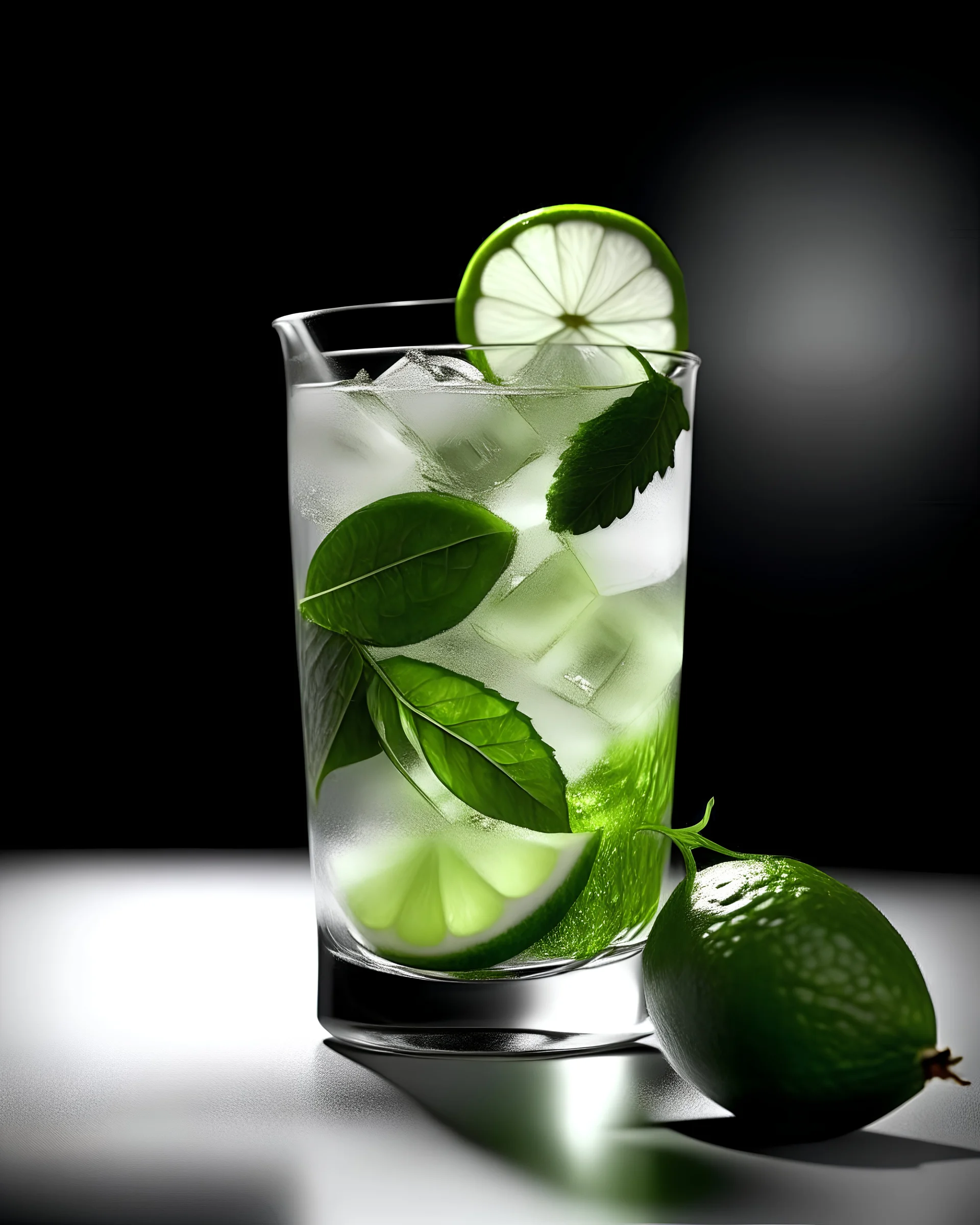 Create a photo of a drink called - Mojito. Just as it is mixed as standard. With a light background, which is a trend in modern photography and how it is mixed in the Czech Republic and in a tall, attractive glass.