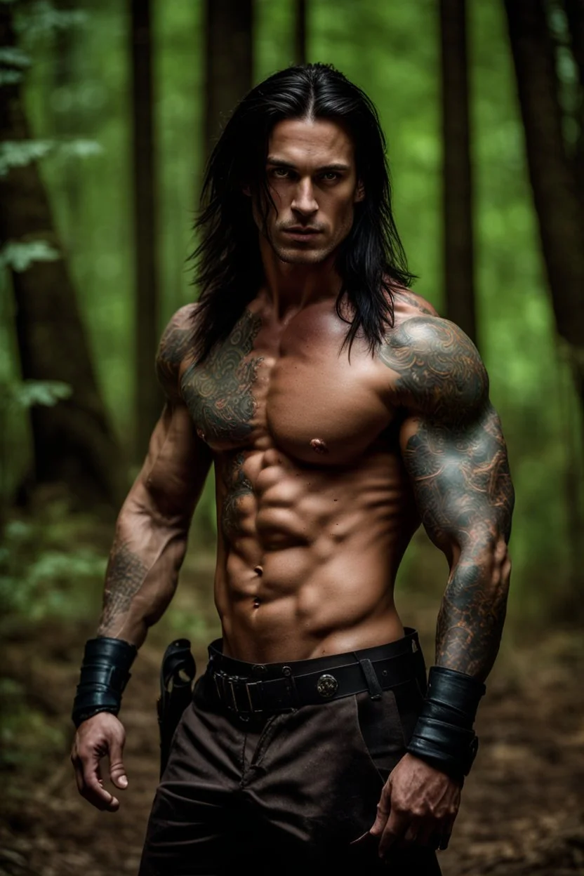 Handsome muscular alpha male, 30 years old, Dark eyes, very Long brown hair, bare chest covered in tattoos and scars. wearing black combat trousers and heavy boots, photorealistic, 4k, dark fantasy, forest background