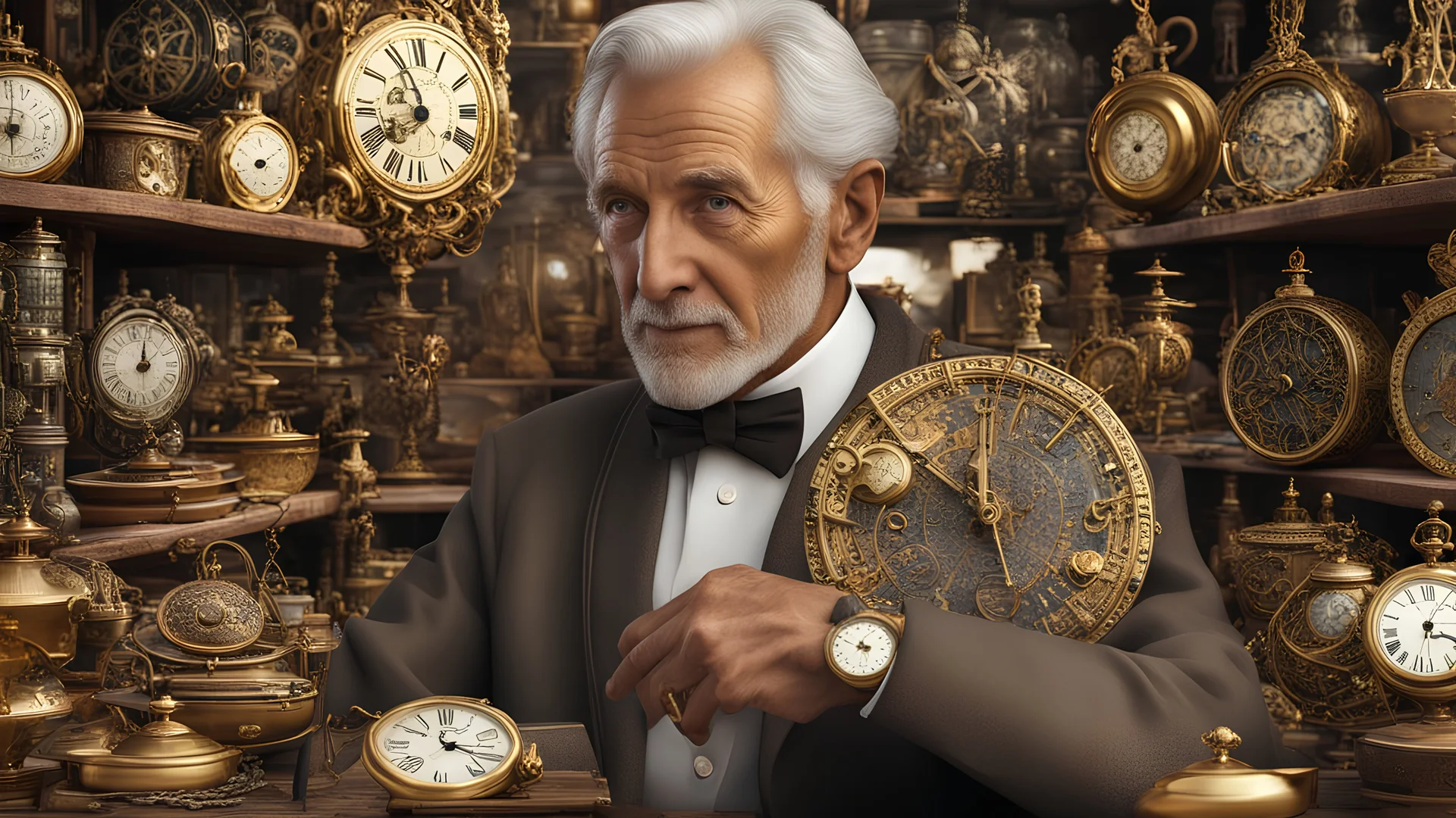 elderly male market trader selling all kinds of clocks, watches, chronometers, sextants, astrolabes, orreries, pelorus and other navigational devices, showing his head and upper body, perfect eyes, perfect anatomy, exquisite composition, beautiful detailed intricate detailed octane render, 8k artistic photography, photorealistic, soft natural volumetric cinematic perfect light, chiaroscuro, award-winning photograph, masterpiece, raphael, caravaggio, bouguereau