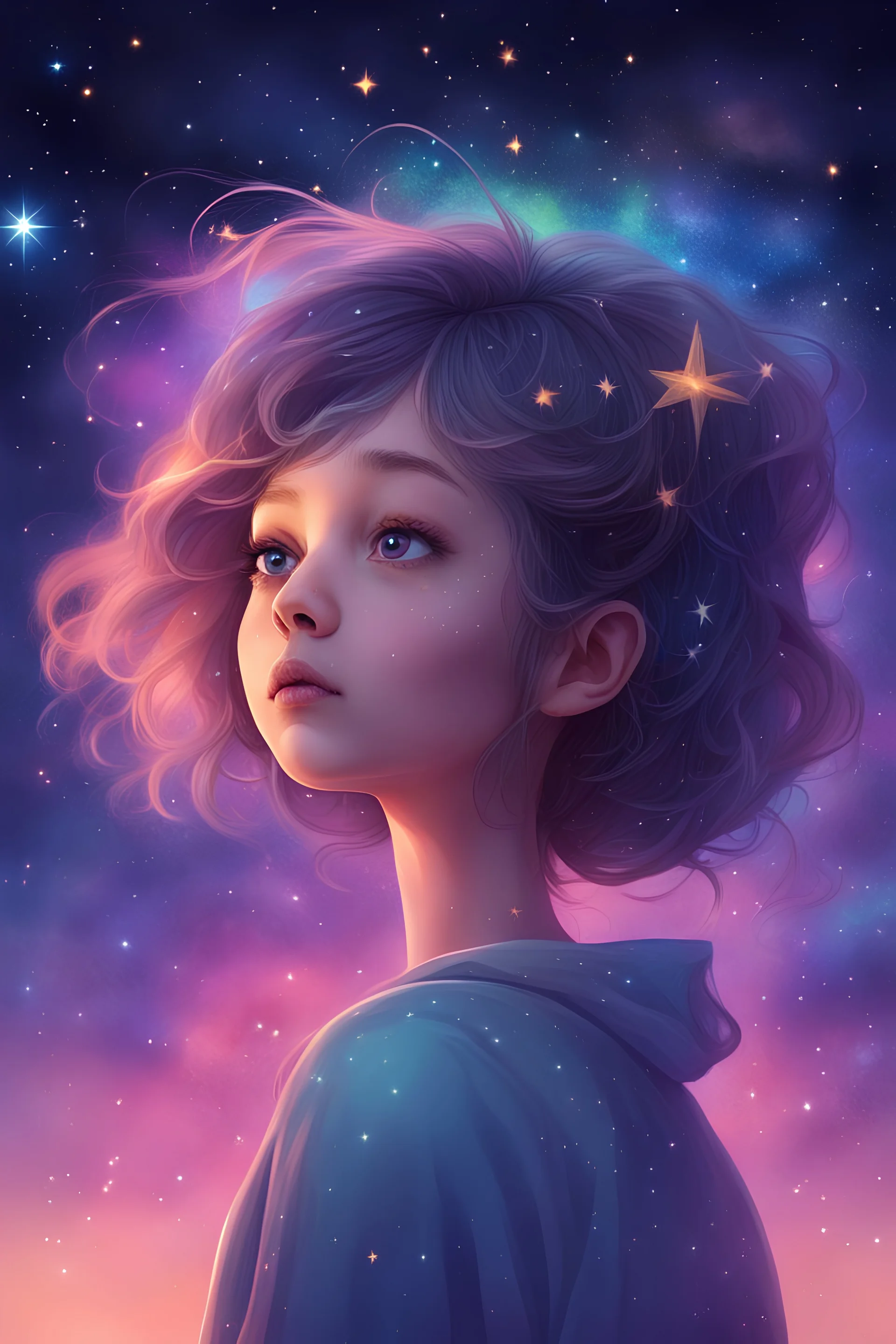 She is a girl with no Facial features drawn looking to the sky in the night that is full of stars and Meteors with a star clip in her hair with a colorful background