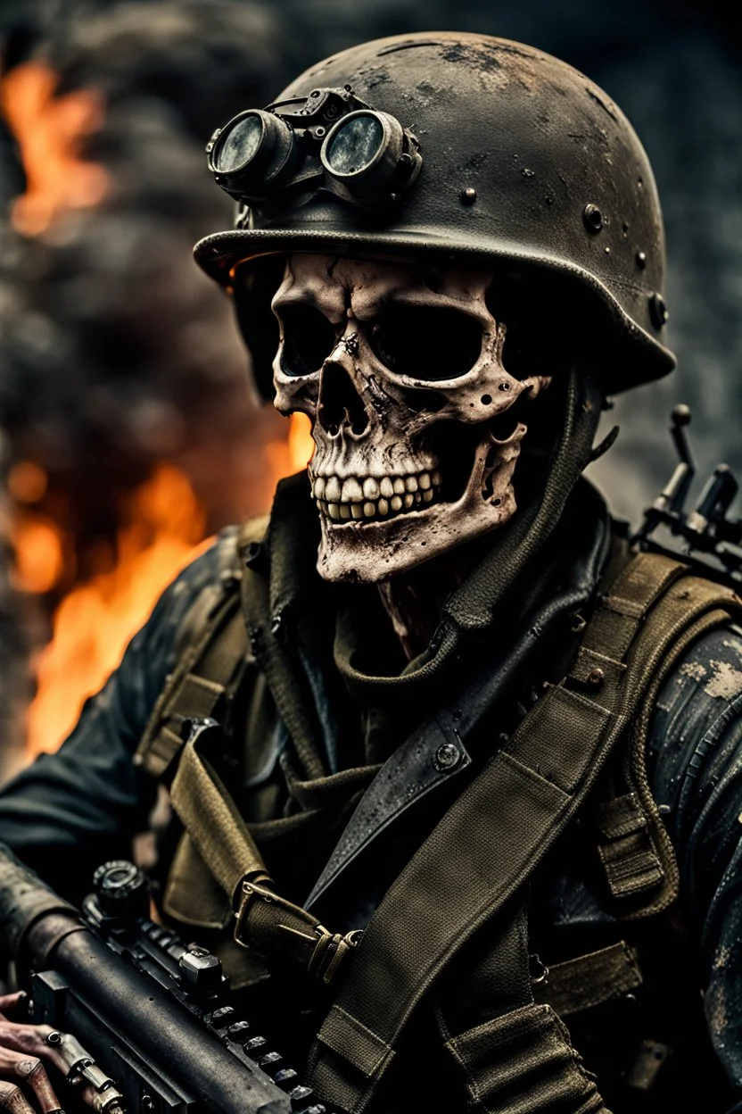 ultra high definition image of an attractive but scary looking skeleton, rising from the ashes, a war veteran, partially humanlike characteristics, army beret and ripped amo wear, very detailed, chaotic background, dramatic close-up action shot of him on a burned out war tanker with a torpedo on shoulder ready to fire and ammo ,gothic and dark theme, 12k