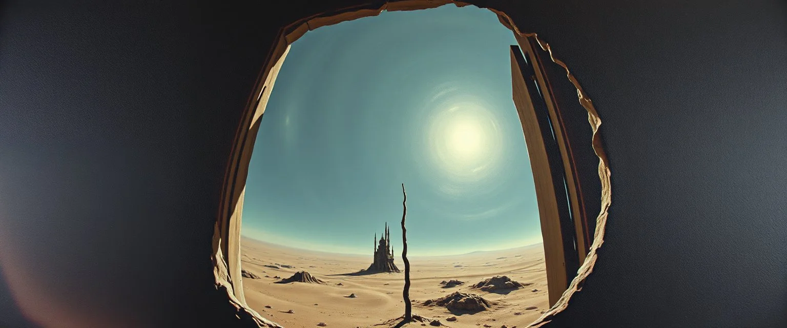 barely hanging on, master oil painting by Escher and Giger, sodom in the style of Fallout 4, pinhole cam pic, dimensional door, tear in the fabric of reality