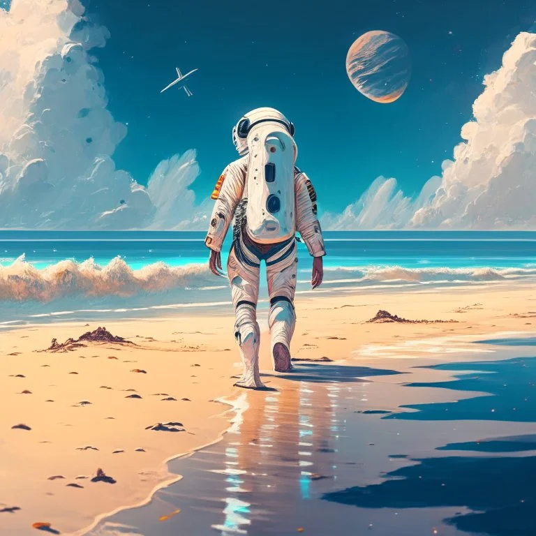 An astronaut walking on the beach of a beautiful sea, digital art, anime style, 4k, full details, high resolution