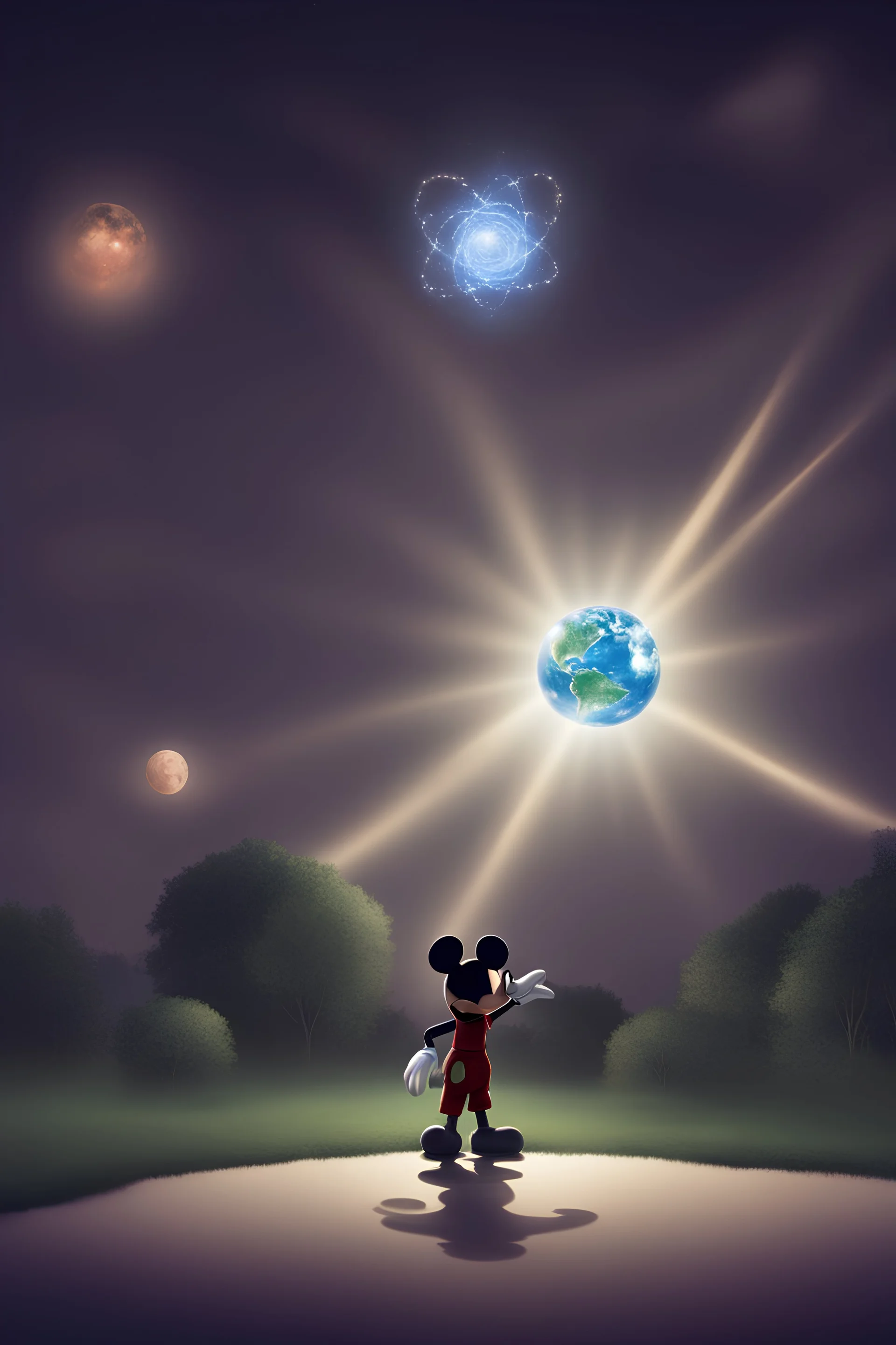 Mickey Mouse with a Supernova above the hand of an Earth person in a developed public park