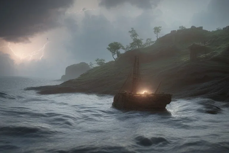 Small shipwreck at a pebbled cliffside, fantasy, mystical, lightshafts, storm in the distance