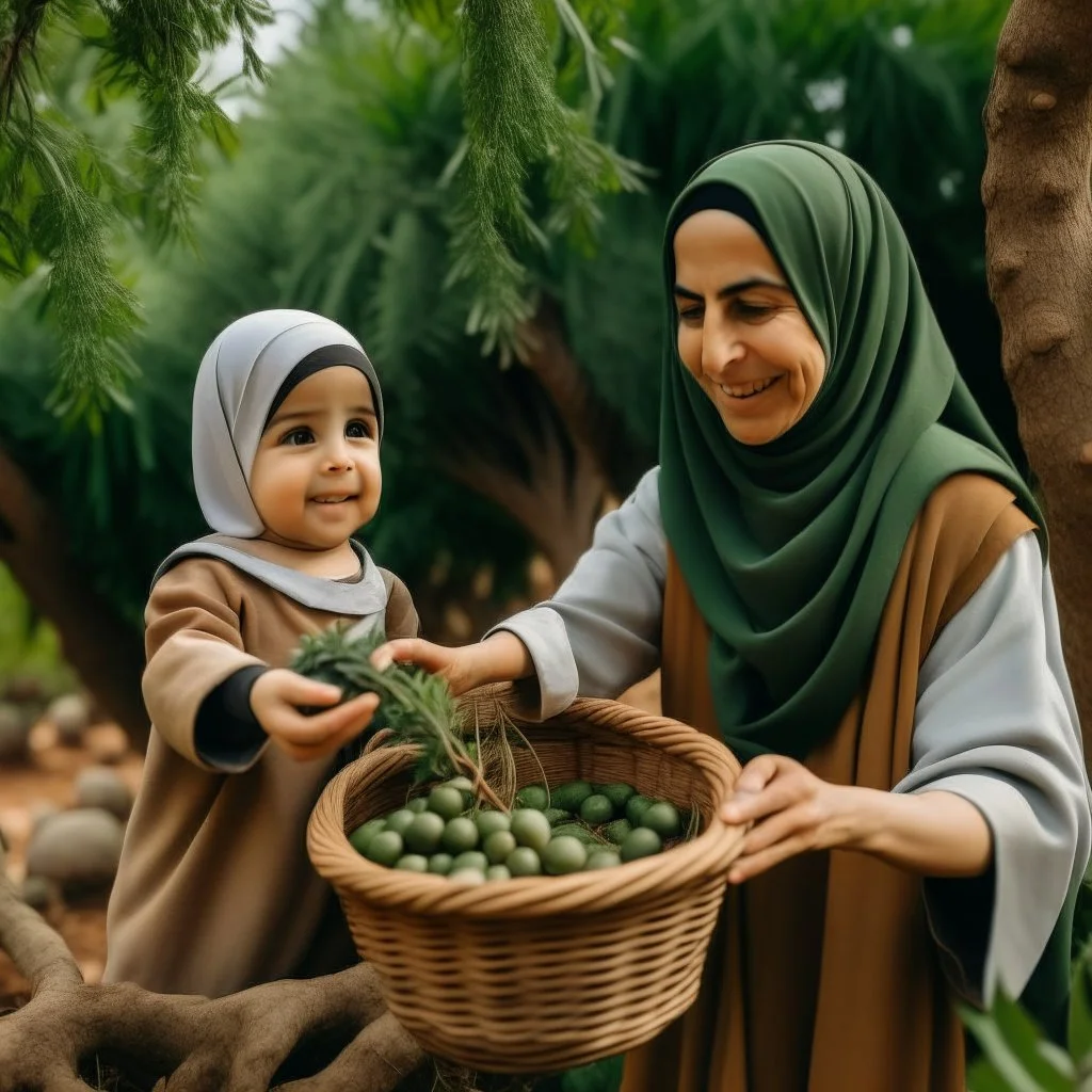 A mother wearing a hijab picks olives from the tree, and a son holds the basket sideways and is happy