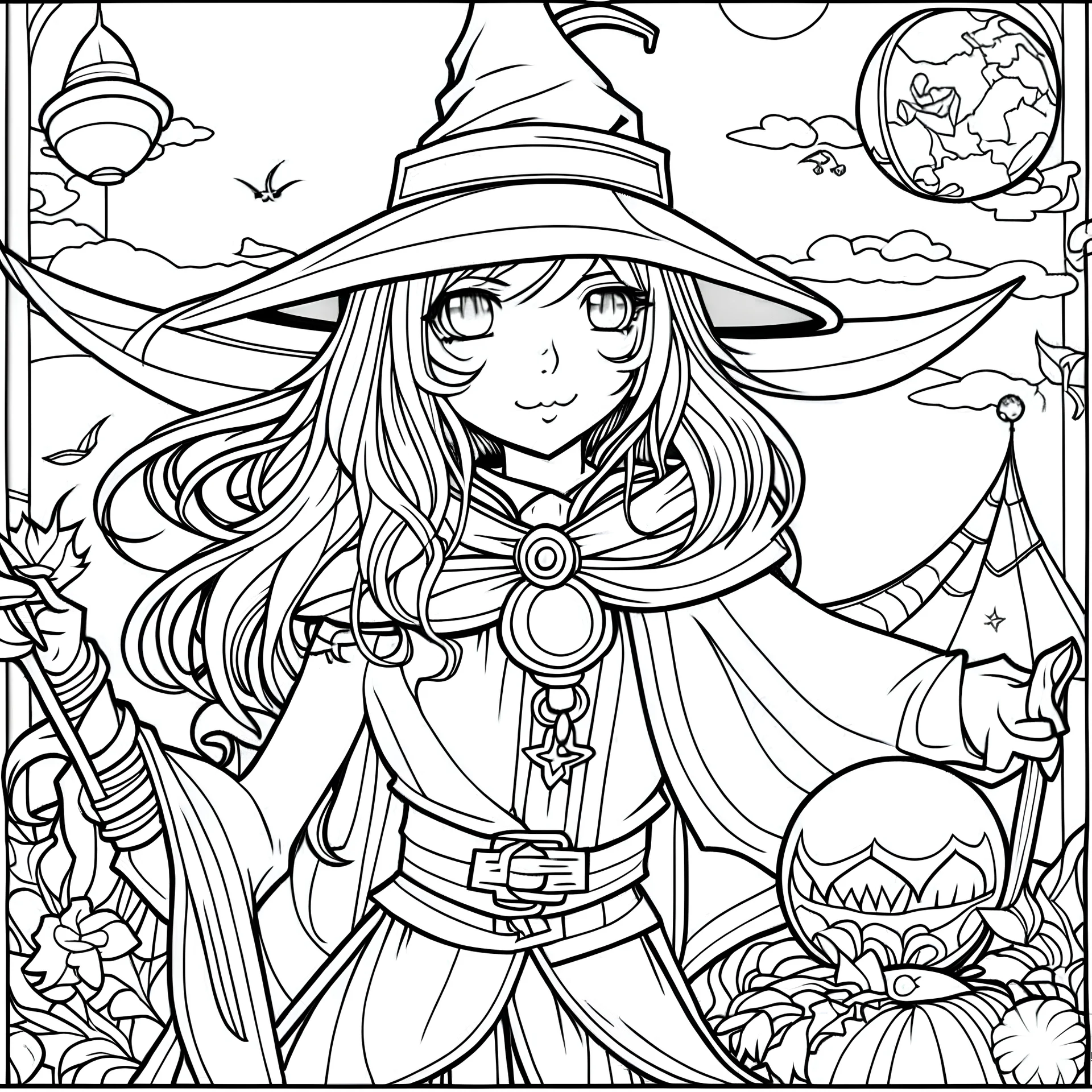 outline art for square witch tarot coloring page for kids, classic manga style, anime style, realistic modern cartoon style, white background, sketch style, only use outline, clean line art, no shadows, clear and well outlined