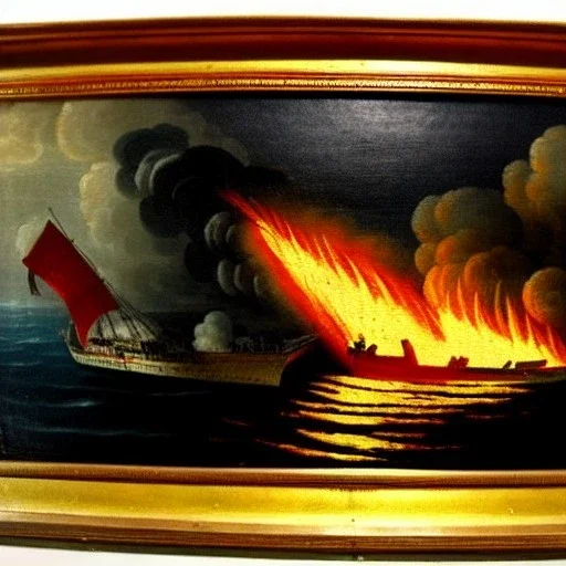 1700s french painting, warship burning, fire, ocean, night