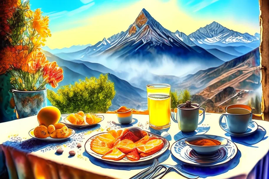 breakfast on a table on the terrace (orange juice, coffee in a cup, fruit, pastries), view of the mountains in the distance, Jean-Baptiste Monge style, surreal, a masterpiece, razor-sharp focus, dynamic lighting, watercolor and ink concept art extremely detailed psychedelic 8k beautiful high detail high definition colourful matte background Michelangelo Van Gogh colorful dramatic lighting fine art reflections whimsical National Geographic photography Alexander Archipenko Romantic Impressionism