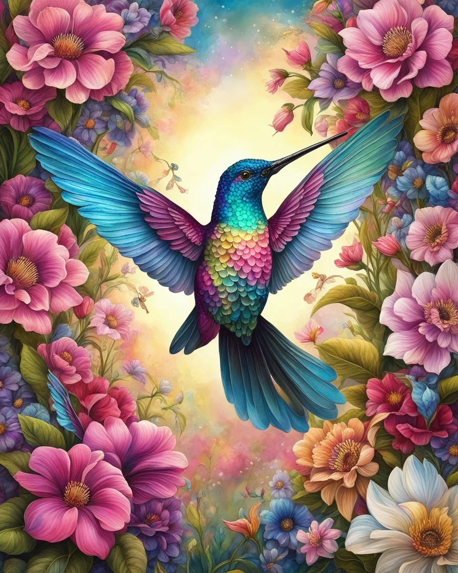 Full body cute floral hummingbird in spring flowers in the style of Josephine Wall, dark pink and beige, colorized, highres, detailed fur, realistic, vibrant, springtime, detailed eyes, professional, atmospheric lighting. High resolution, 8K,