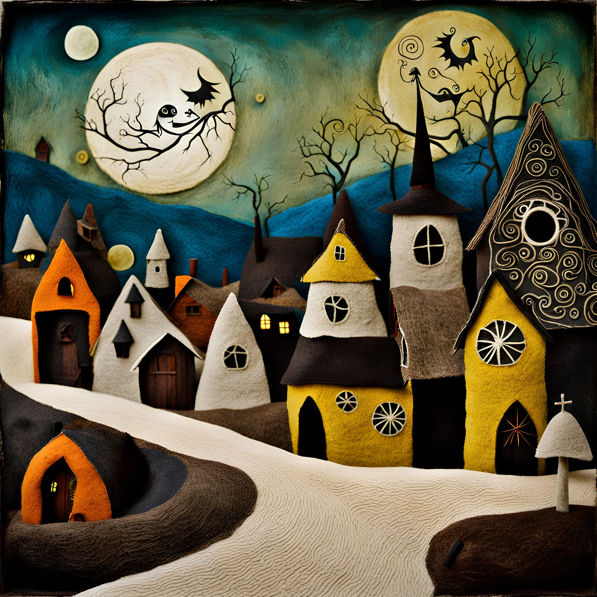 Folk art photograph, Nightmare before Christmas made of felt, village, Max Ernst, neutral natural colors, mixed media