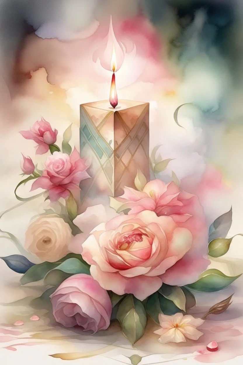 MAGIC A PYRAMID CANDLE IS BURNING AROUND WONDERFUL FLOWERS English watercolor, Smoky cream, pale gray, pale pink, pink background. bright light, a bouquet of roses on the table are pale pink, pale bordeaux, white, ochre. green stems, the light is translucent. Watercolor, fine ink drawing, peonies in an hourglass, elegant gold inlay, rich interior rose of the valley, leaves, nature, beautiful raindrops, beautiful fog, over a beautiful rainbow, fantasy, romantic dreamy mood, special attractions