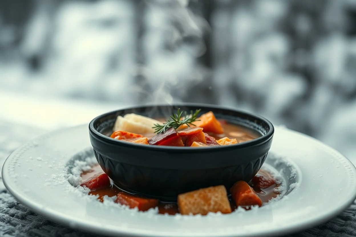 a plate of steaming soup, hig realistic, high contrast, sharp focus, gloomy mood, winter, blur background, perfect shot, perfect composition