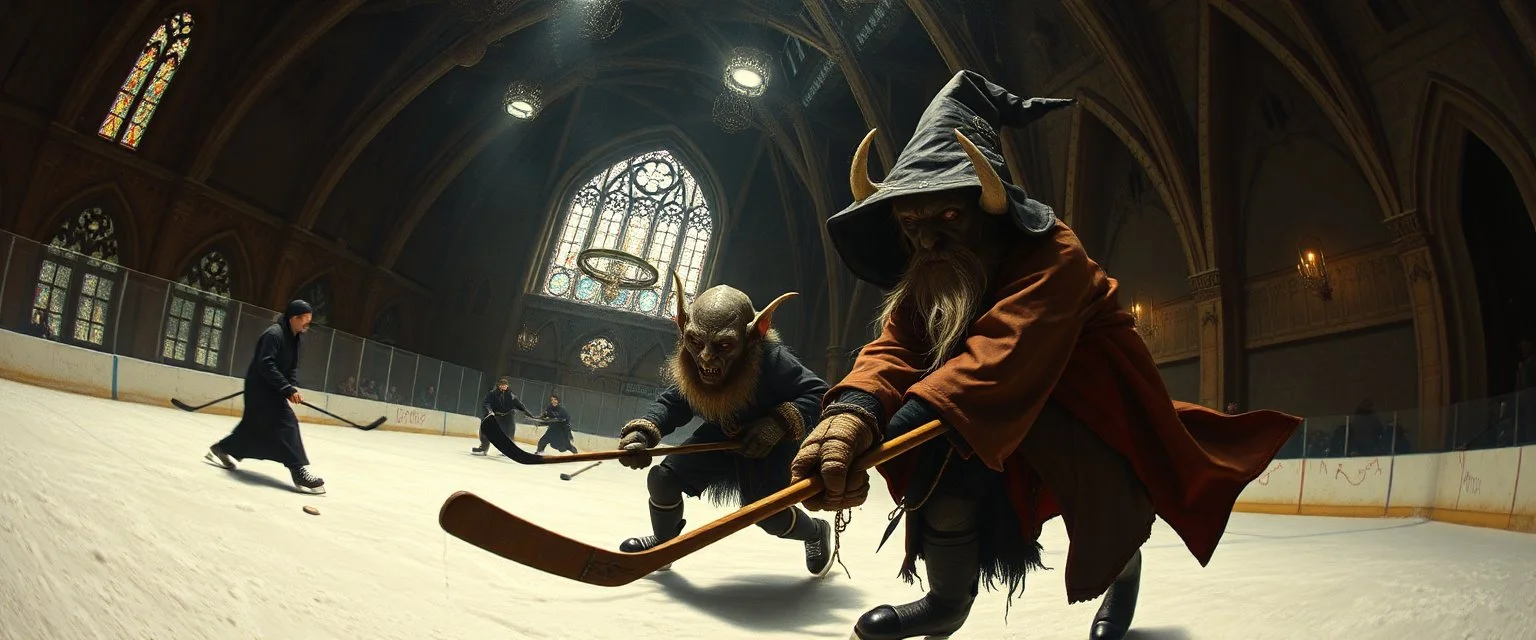 pin hole cam, master oil painting by Rembrandt, d&d vampire witch gremlin illithid and lich playing hockey in ice skating hall or church