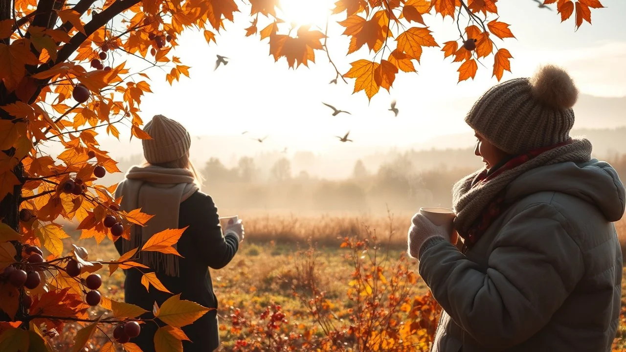 Autumn: falling leaves, Misty mornings, fog over distant fields or forests, sunshine; people wearing scarves, woolly hats, gloves, holding steaming mugs of hot drinks; chestnuts, acorns, berries, rowan, holly; flocks of birds migrating; squirrels gathering nuts; beautiful colours, atmospheric. Award winning photograph.