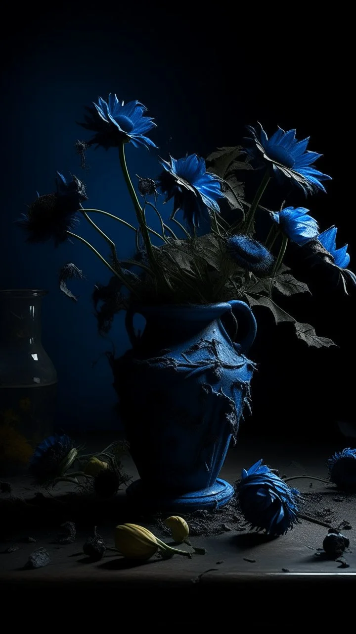 Bosch nightmares paining style Title:a blue vase with dry dark color flowers 8k artistic photography, photorealistic concept art, soft natural volumetric cinematic perfect light, chiaroscuro, award-winning photograph, masterpiece, oil on canvas, Raphael, Caravaggio, Greg Rutkowski, people, beksinski, Giger
