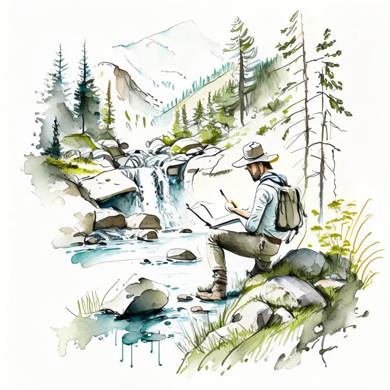 Illustrate a scene of an artist exploring the wonders of Norwegian nature, sketching, plain air amidst forests, waterfalls, and meadows, artistic style painting, white background