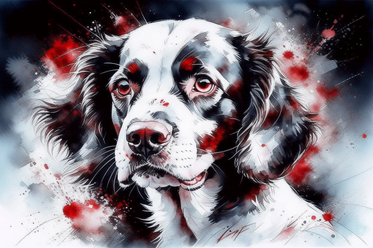 A portrait of a springer spaniel by Willem Haenraets, loose watercolour, wet on wet and splattering and dripping techniques, centred, perfect composition, abstraction,