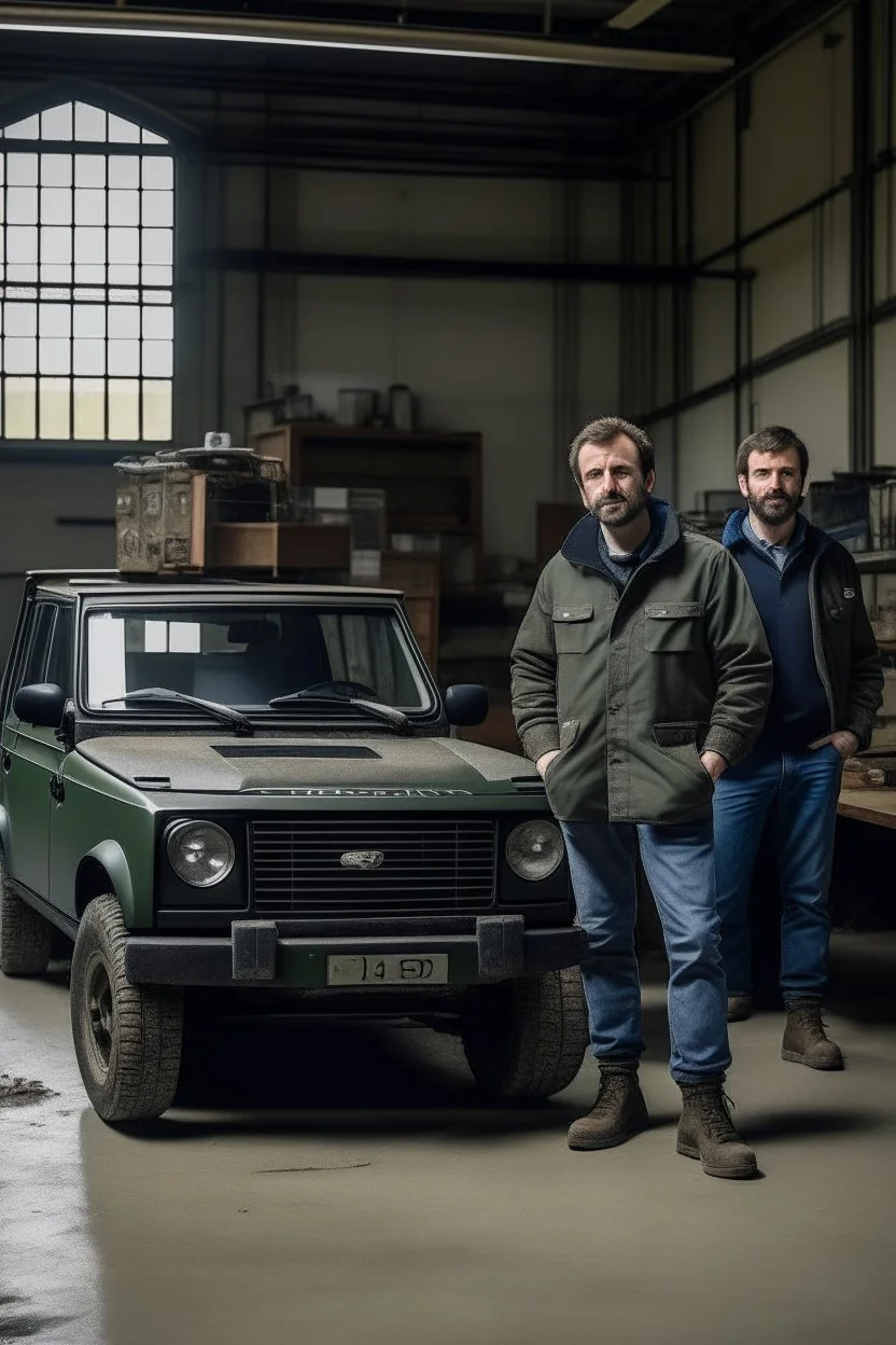 two haggard in their mid 30s looking men working in a land rover warehouse selling car parts to the public