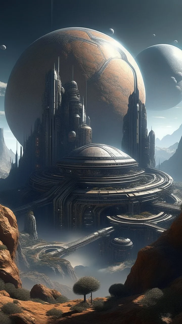 sci fi planet, rocky temple, busy city