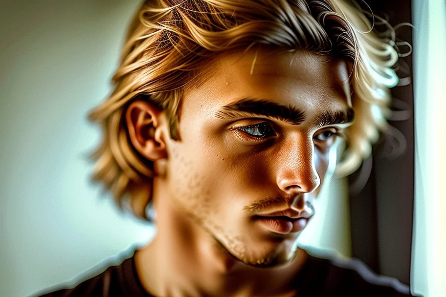 A realistic close up portrait of a cute teen boy with honey brown eyes and golden blond hair, innocent and thoughtful, gazing into the camera, a hint of facial hair, wearing sleeveless shirt, inside an empty room with warm sunlight streaming in, detailed, high definition, 4K, 8K, quality render