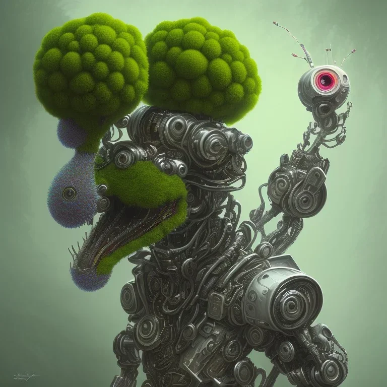 and the winner of the 'most hilarious punk robot' title is: a beautiful full frame portrait digital painting of futuristic broccolipunk robot, wide angle view, extreme close-up, macro lens, centered camera, titanium accents, intricate details, colorful, 8k, least ambient occlusion, volumetric lighting, volumetric clouds