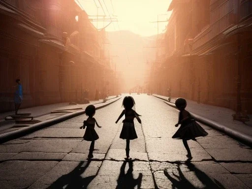 children playing on the indian street capture them against the sun and make an art silhouette, details, sharp, black and white 8k