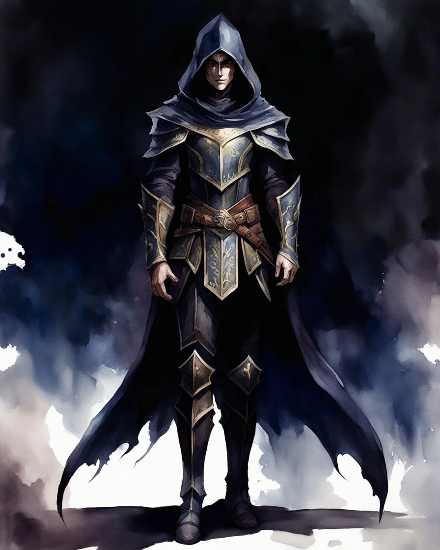 Watercolour painting character full body portrait of a half elf male shadow sorceror, dark armour and hood, smirk, creepy, charismatic, handsome, very dark shadowy background, full legs, creepy dark colours --ar 3:4 --v 6.1