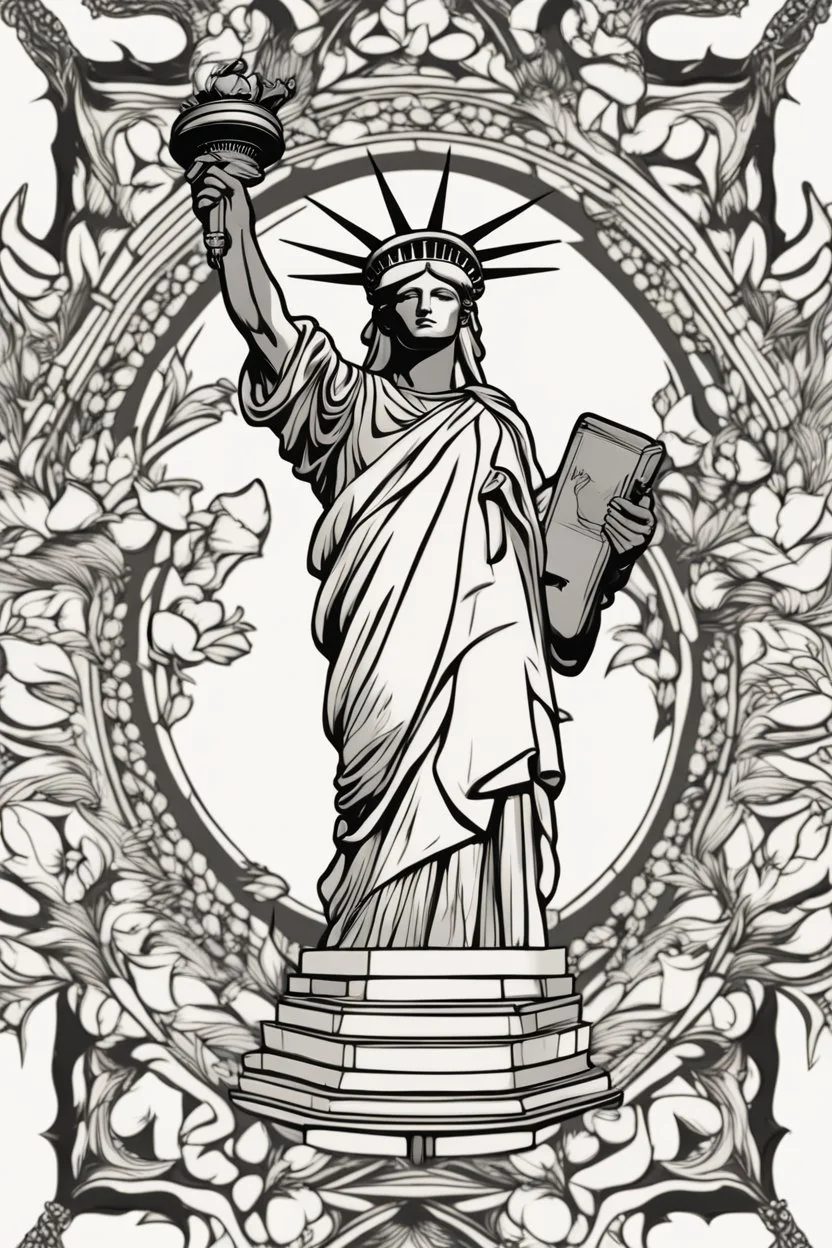 Mandala of the Statue of Liberty merged with apple motifs, illustrated in black and white with clear, thick strokes, suitable for an adult coloring book, contour, vector, clean line art, isolated against a white environment