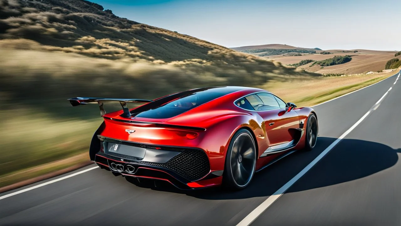 A sleek with livery (((luxury hypercar bentley))), its contours and details perfectly captured in a (((cinematic view))), zipping along a winding road under a beautiful blue fresh morning sky, rear view