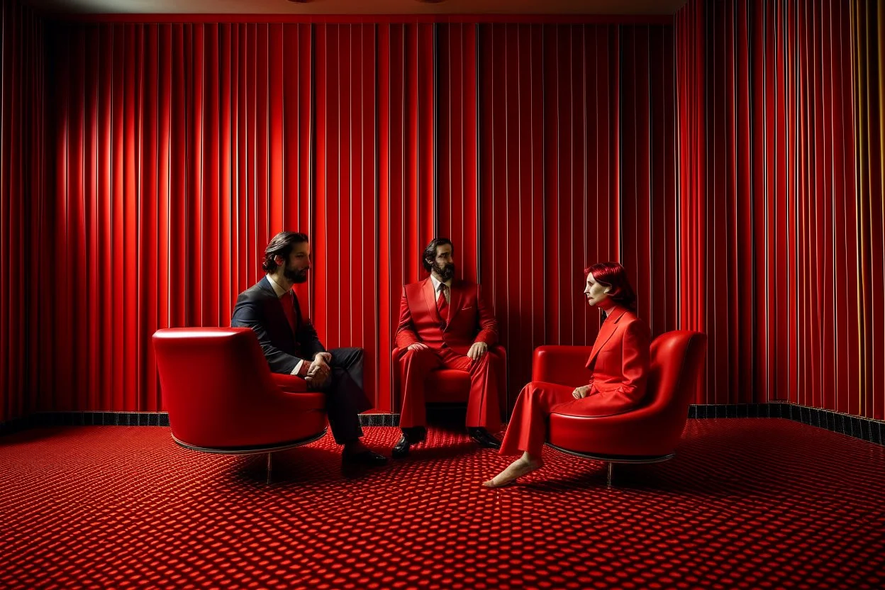 Un hombre vestido con traje, un hombre con pijama rojo, y una mujer vestida con traje, sentados en sillones, en una habitación de suelo de baldosas con líneas zigzagueantes, la habitación la recorre una gran cortina roja, fotografía realizada con cámara Leica y objetivo de 50 mm