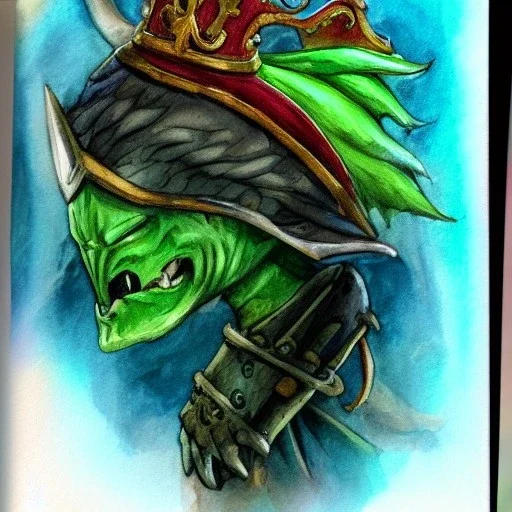 dungeons and dragons, fantasy, goblin, king, green skin, watercolour, distinct face, portrait, head, crown