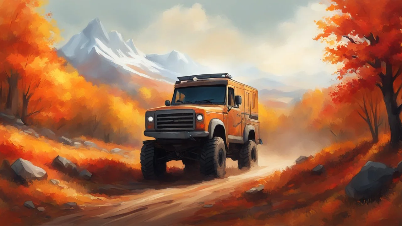 A stunning digital painting of a rugged off-road expedition truck navigating through an autumn landscape. The artwork captures the essence of adventure, exploration, and the beauty of nature.