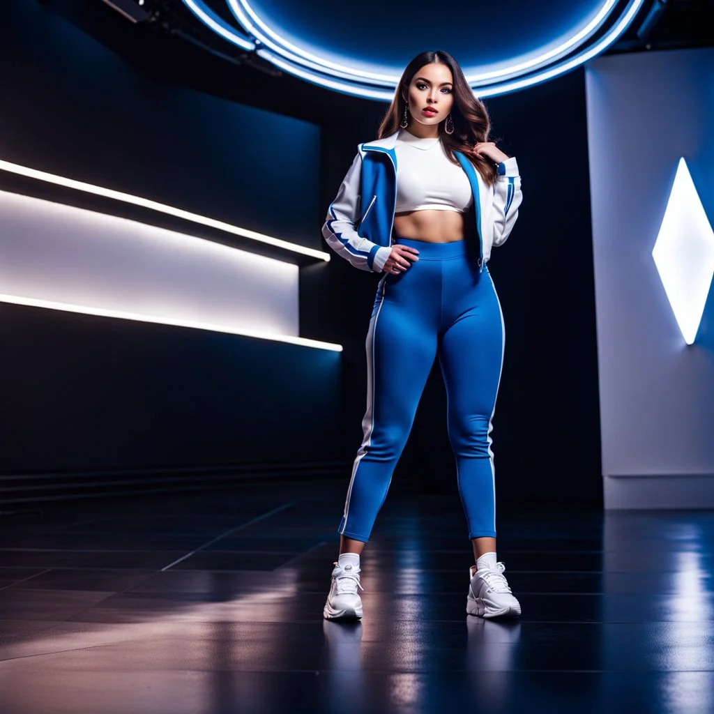 liminal space, blue and white, retrofuturism, empty stage,full body of very beautiful girl with pants and blouse and jacket , curvy hair ,standing idle pose in studio pretty makeup,perfect face,sport shoes