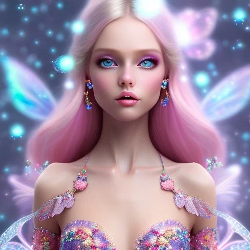  beautiful, soft, whide smile face,whole head, long blonde straight hair, blue eyes, fairy wings on the back, transparent crystal blue and pink clothes, background blue and pink, big definition, 8K