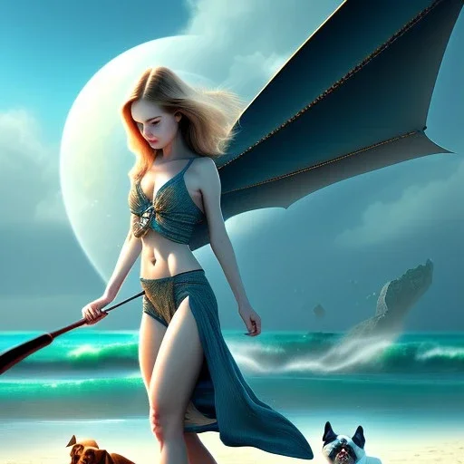 beach with boat, portrait of levitating fair girl with bat wings and dog, fantasy art, movie poster