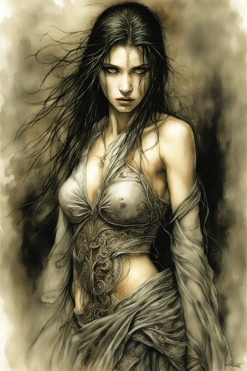 Hyper-photorealistic watercolor art style by Luis Royo, Surreal fine art etching of a figure by Luis Royo, tanned skin inscribed with the transient story of mortality, ethereal light playing with its form whispering tales of an eternal realm, eyes, black as the depths of the night, ardently pinand looking towards the endless skies, of black hair mirroring the mystery of the cosmos around, whole scene tinged with an ethereal softness from volumetric lighting, hues gr,