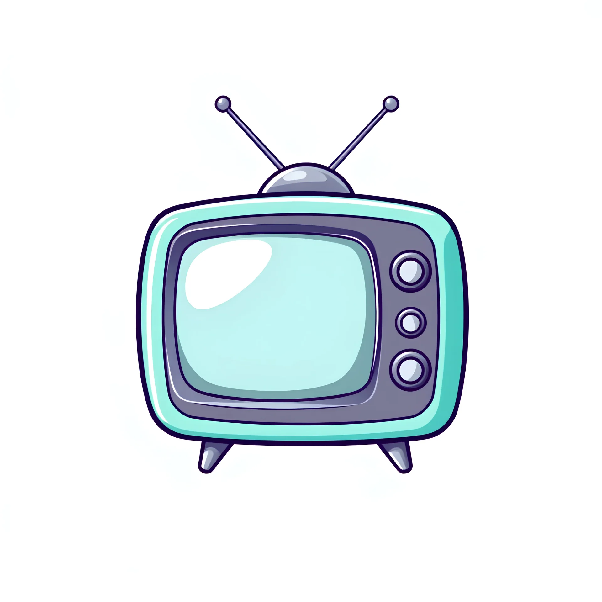 Create a vibrant and playful cartoon-style logo featuring a retro television set as the main element. The TV should have a rounded, bulky shape typical of vintage televisions from the 1960s or 1970s. The television's body should be a cheerful pastel color, such as mint green or baby blue, with chrome or silver accents for the dials and antenna.