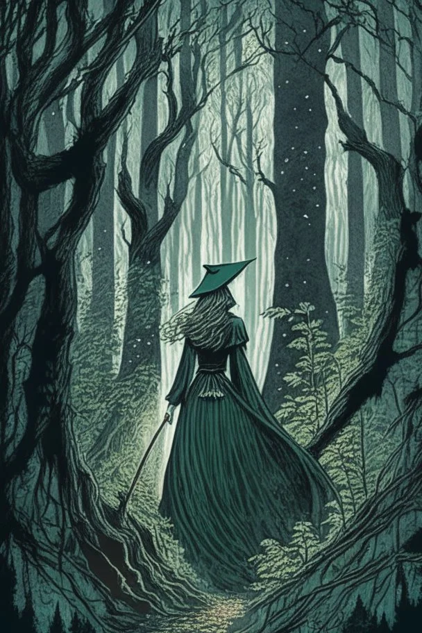 in the style of a Henry Justice Ford drawing, a beautiful witch walks through a forest