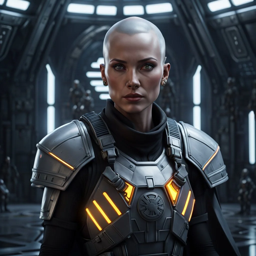 a bold and heroic bald male Corellian pilot in black and grey First Order special forces gear meets a female Jedi Master in ancient, mystical temple, hyperdetailed, dynamic lighting, hyperdetailed background, 8k resolution, volumetric lighting, light skin, fully symmetric details