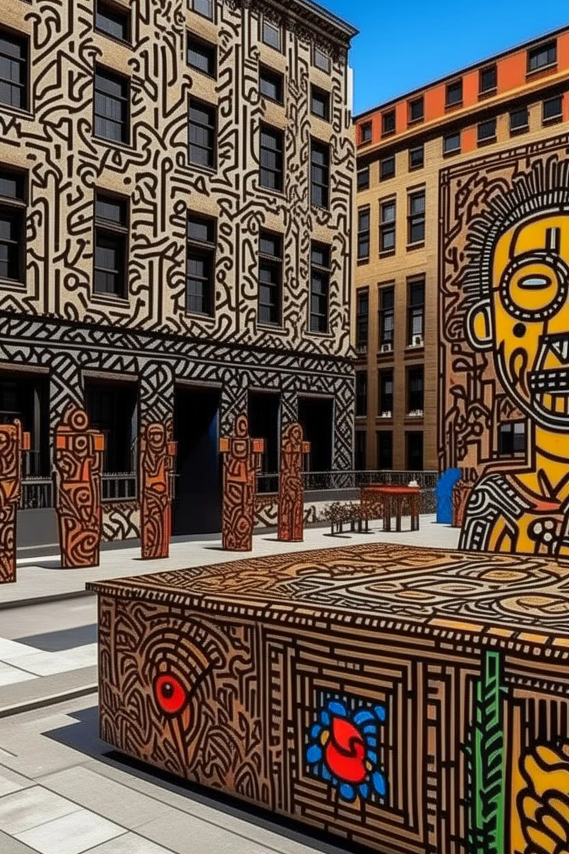 A brown construction zone grounds near a city designed in African masks painted by Keith Haring