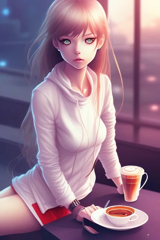 girl sitting in a cafe, anime, perfect anatomy