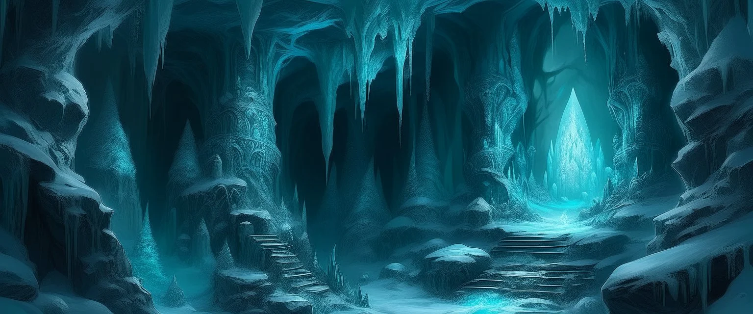 A dark cyan frozen cavern with crystals designed in Japanese Oni masks painted by Albrecht Durer