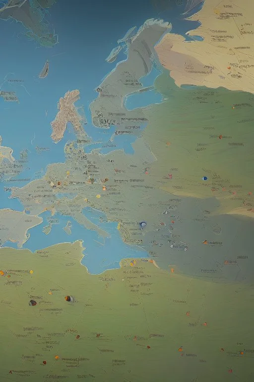 European countries are viewed from space, roads, cities, signs are visible. Highlight the names of the countries on the map. The clouds are naturalistic