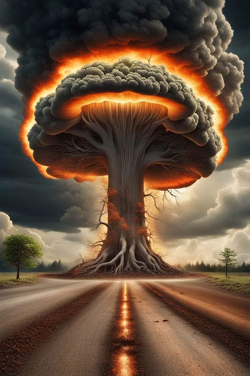 nuclear explosion's mushroom cloud that looks like a tree, with energy lines radiating outward but behind, many leaves falling in foreground, ground is dirt and scorched with a road coming down the middle towards viewer, angelic fantastic lighting