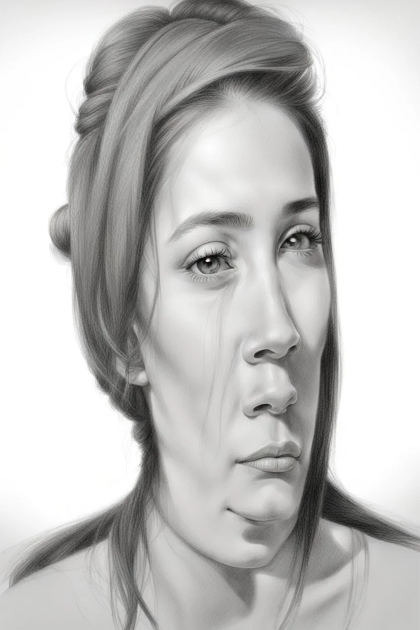 dibujo en grafito realista de rostro mujer 35 años pelo negro atado en cola de caballo tres cuartos perfil mira y sonrie plano tres cuartos perfil rasgos definidos labios definidos