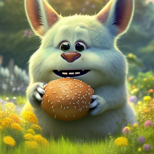 pixar style, volumetric summer garden environment and background, realistic painting of hamburger, looking excited, volumetric lighting, dramatic lighting, detailed digital painting, extreme dense and fine fur, anime, ornate, colour-washed colors, elegant, small minutiae, tiny features, particulars, centered, smooth, sharp focus, renderman gofur render, 8k, uhd, detailed eyes, realistic shaded volumetric lighting, sunlight caustics, backlight, centered camera view