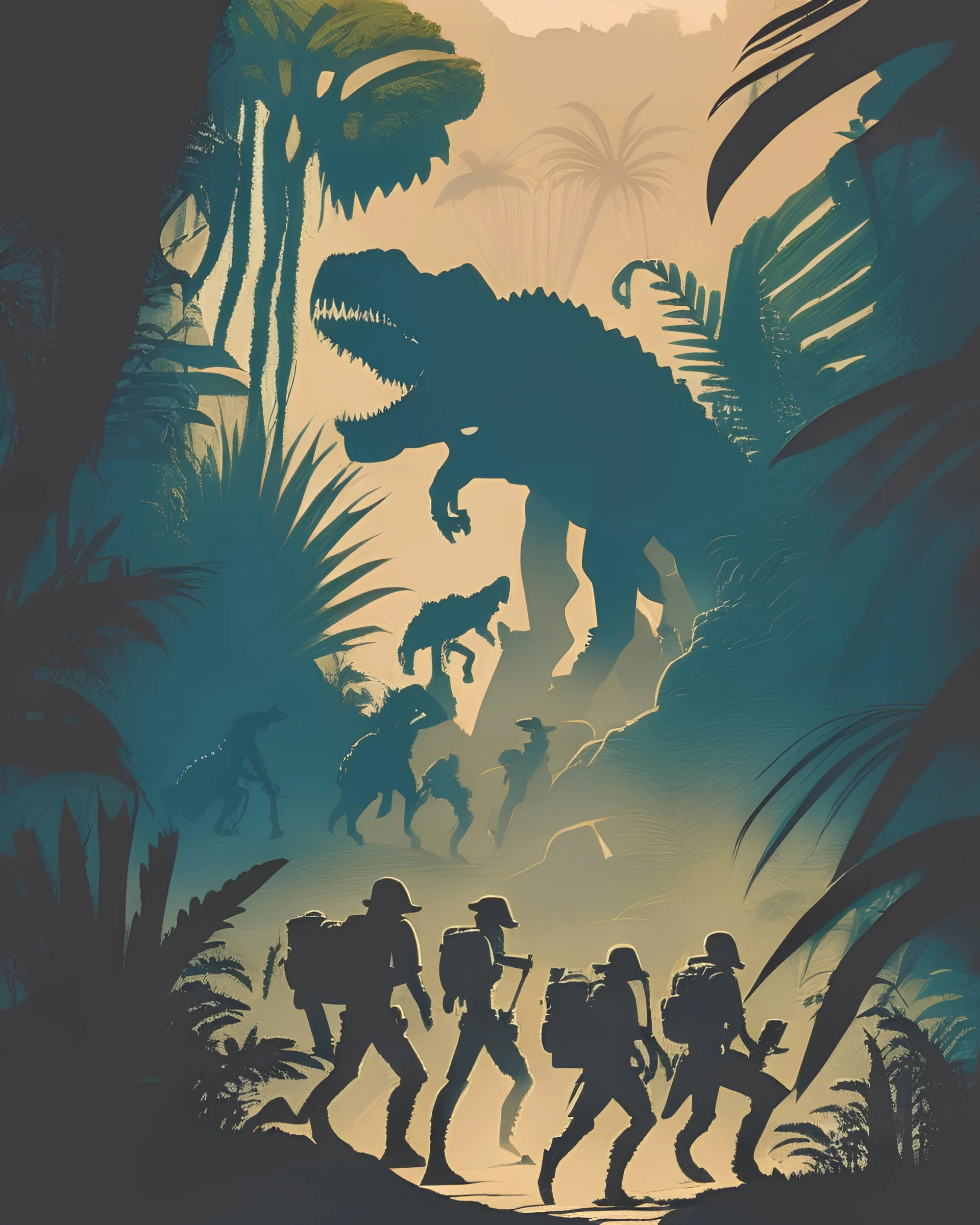 A tense, Jurassic Park-style illustration of a group of adventurers cautiously making their way through a prehistoric jungle, with the massive silhouette of a T-Rex lurking in the shadows, evoking the thrilling suspense of iconic adventure films.
