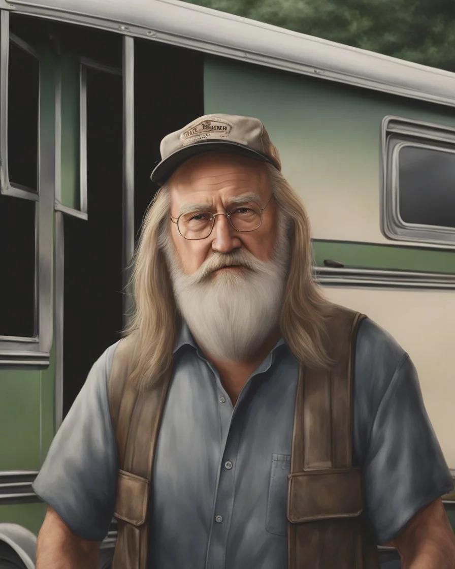 photorealistic, lifelife, elderly short and chubby insane kentucky hill bill farmer, trailer trash style. with long hair and beard and extreme big ears